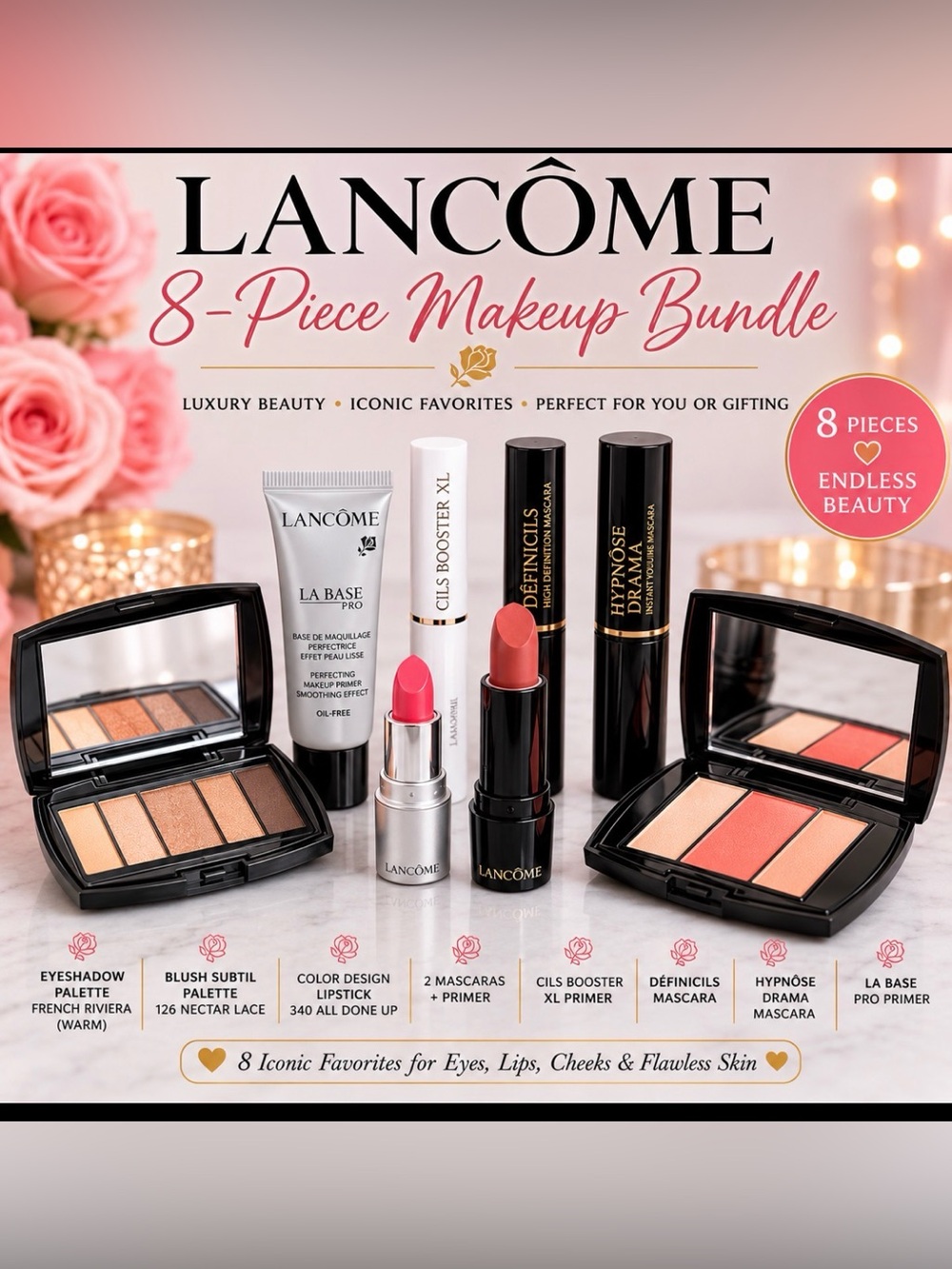 Lancôme 8 Pc Makeup Bundle Eyeshadow Blush Lipstick Mascara Primer